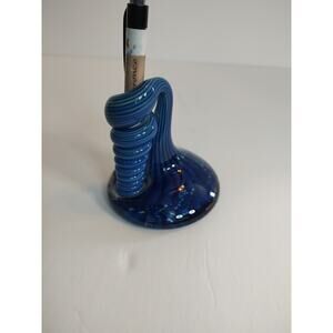 Artisan Lampwork Glass Pen Desk Holder Cobalt Blue Pulled Feather Studio Glass